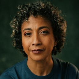 Melanie La Barrie headshot; she has curly hair, wearing a blue top, neutral expression.