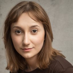A woman with shoulder-length brown hair, wearing a brown top, against a grey textured background.
