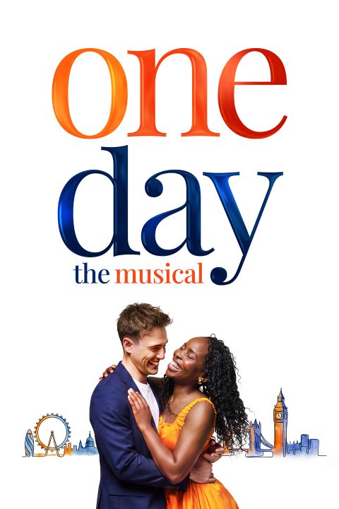 A smiling couple embraces under the text "one day the musical" with a London skyline silhouette.