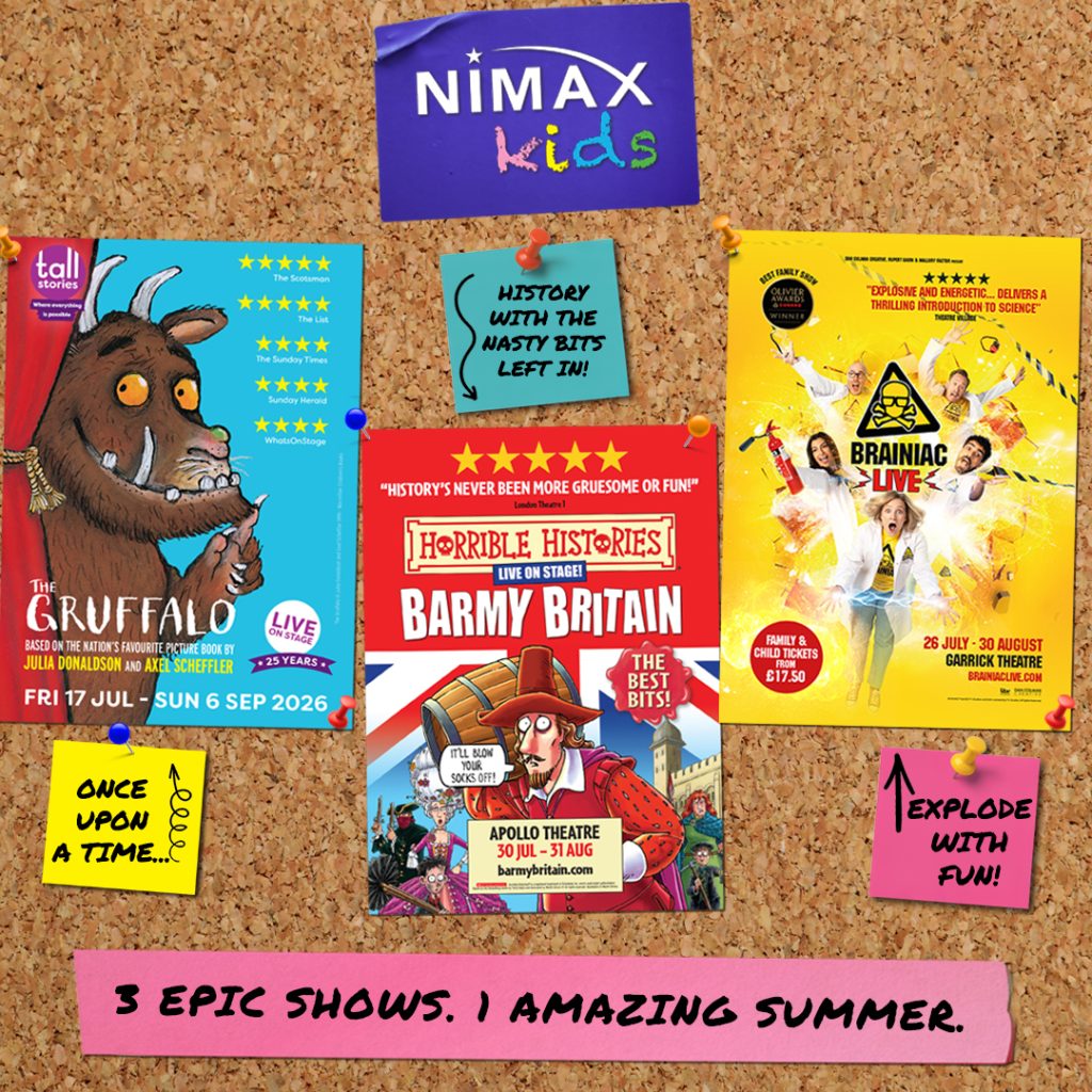 Nimax Kids 2026 poster featuring three colourful show advertisements on a corkboard background.