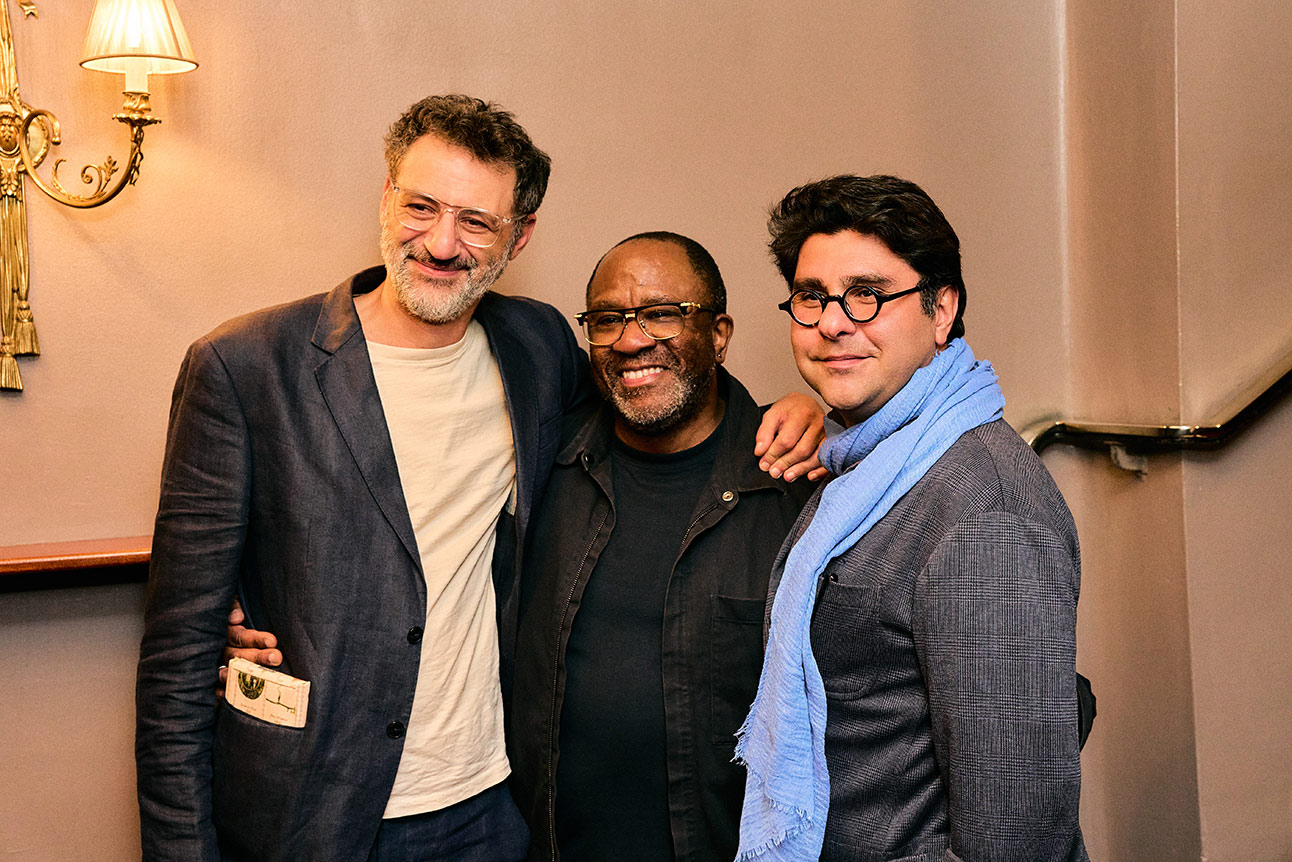 Omar Elerian, Lucian Msamati and Nassim Soleimanpour at White Rabbit Red Rabbit at the Duchess Theatre