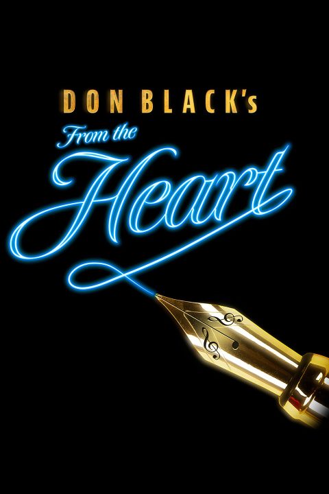 Gold fountain pen nib below neon blue script text "From the Heart" on black background.