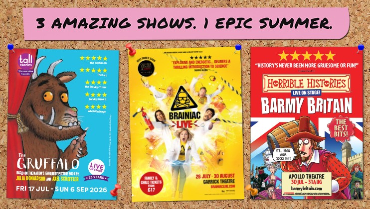 Three colourful posters for children's shows on a corkboard, featuring vibrant graphics and text.
