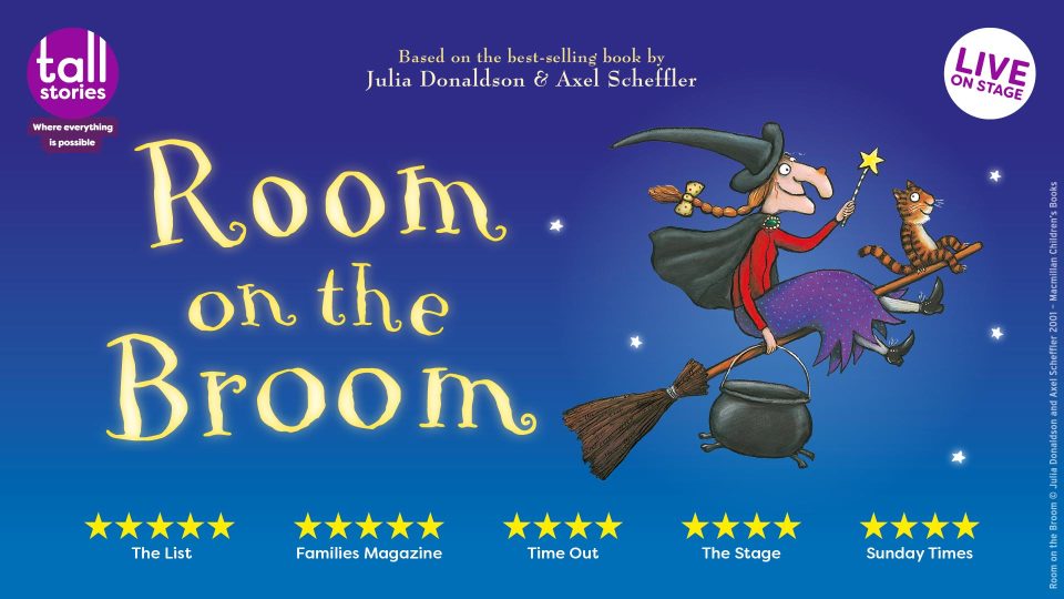 Main artwork for Room on the Broom Live on Stage. An illustration of a witch flying on a broomstick with a cat, against a blue background.