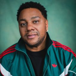 A man in a green and red tracksuit jacket against a green background, looking forward.