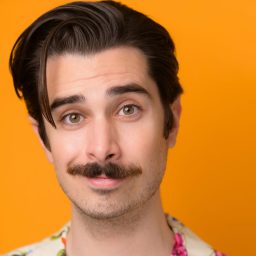 Man with dark hair and moustache, wearing floral shirt, against bright orange background.