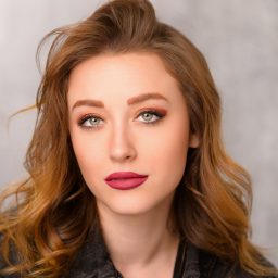 A woman with wavy auburn hair and red lipstick, wearing a black jacket, grey background.