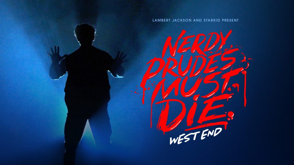 Nerdy Prudes Must Die Silhouette of a person with raised hands, red text "Nerdy Prudes Must Die" on blue background.