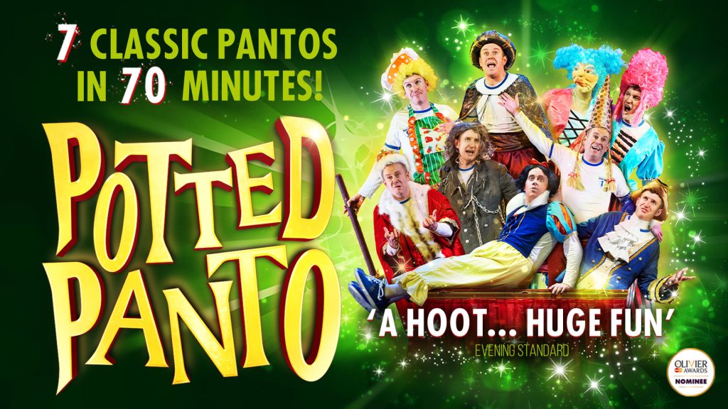 Colourful theatrical poster for "Potted Panto" featuring costumed performers against a green background with text.