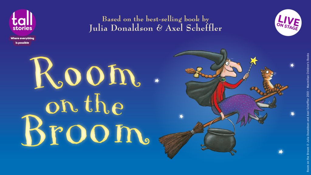 Illustration of a witch flying on a broomstick with a cat, cauldron, and blue background.